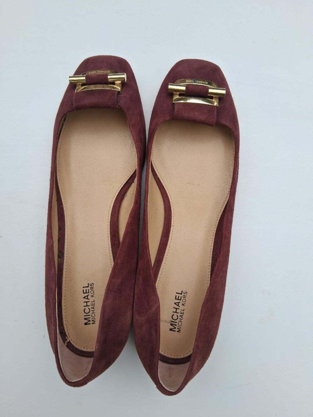 Vintage Michael Kors women's suede flats, plum with gold buckle (size 10M)